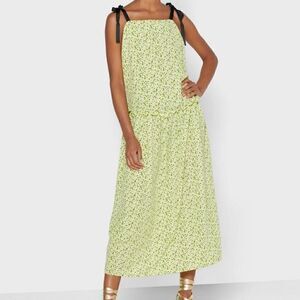 Topshop size 10 yellow floral tie sleeves drop waist (F1)